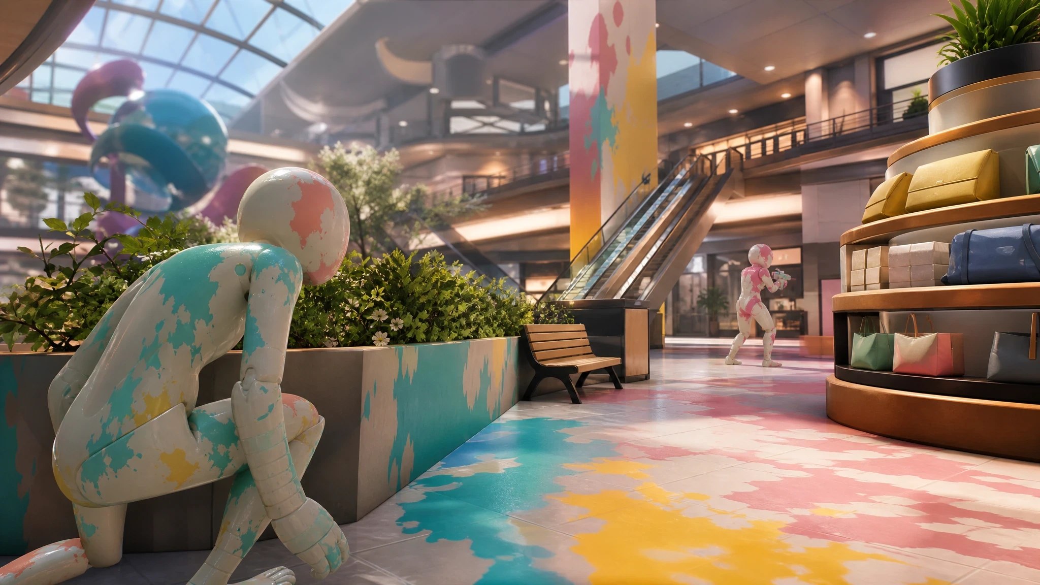 MECCHA CHAMELEON Shopping Mall map — multi-level atrium with escalator and planter hide